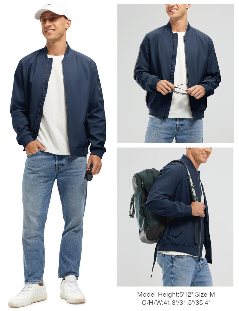 Rdruko Men's Bomber Jackets Lightweight Windbreaker Casual Stylish Fashion Coat Zip Up(Navy, US L)