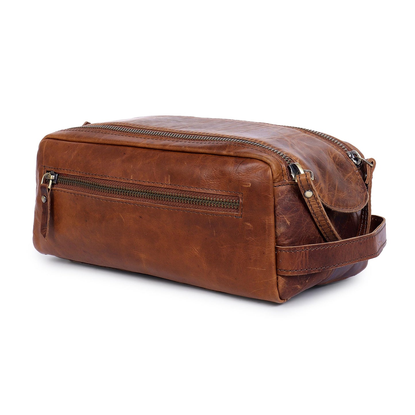 TRISKY Buffalo Leather Toiletry Bag For Men & Women- Grooming Bag For Men, Travel Pouch With Water Resistant Lining, Leather Toiletry Bags For Mens, King-size Handcrafted - Tan