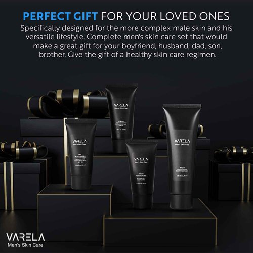 VARELA - Premium Men's 4pc Skin Care Set | Men's Face Scrub | Men's Morning Moisturizer with SPF20 and Men's Evening Moisturizer | Men's Face Cleanser | 1 Month Supply