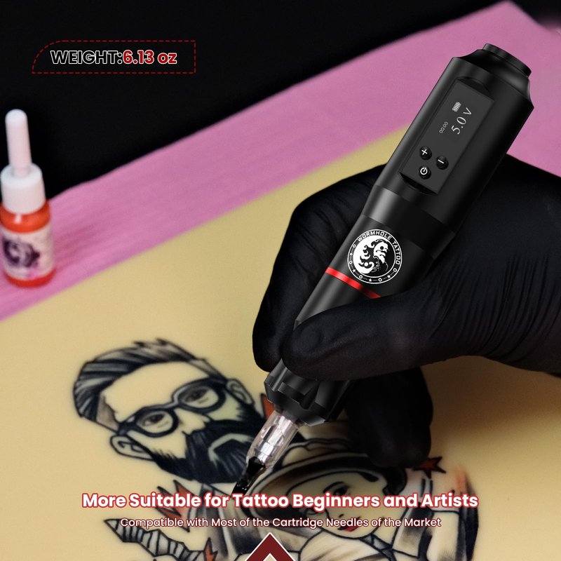 Tattoo Gun Kit, Wormhole Tattoo Kit Wireless Tattoo Machine with 1,600 mAh Capacity Wireless Power Supply Digital LED Display Tattoo Pen Kit WTK279