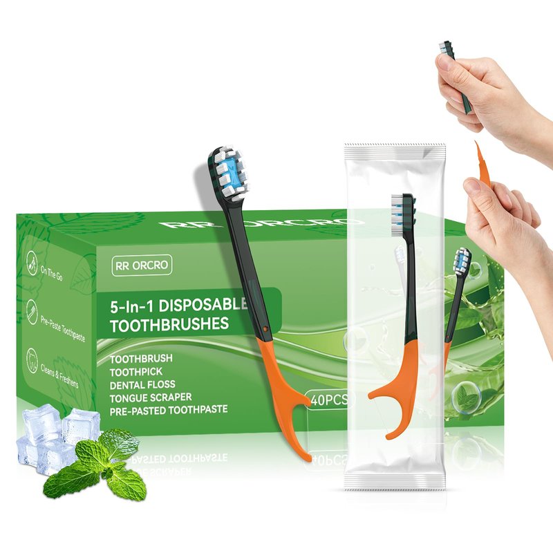 40Pack Disposable Toothbrushes with Toothpaste + Pick + Floss + Tongue Scraper 5-in-1 Mini Prepasted Travel Toothbrush for Hotel Camping Flight Car Single Use Portable Individually Wrapped | Mint