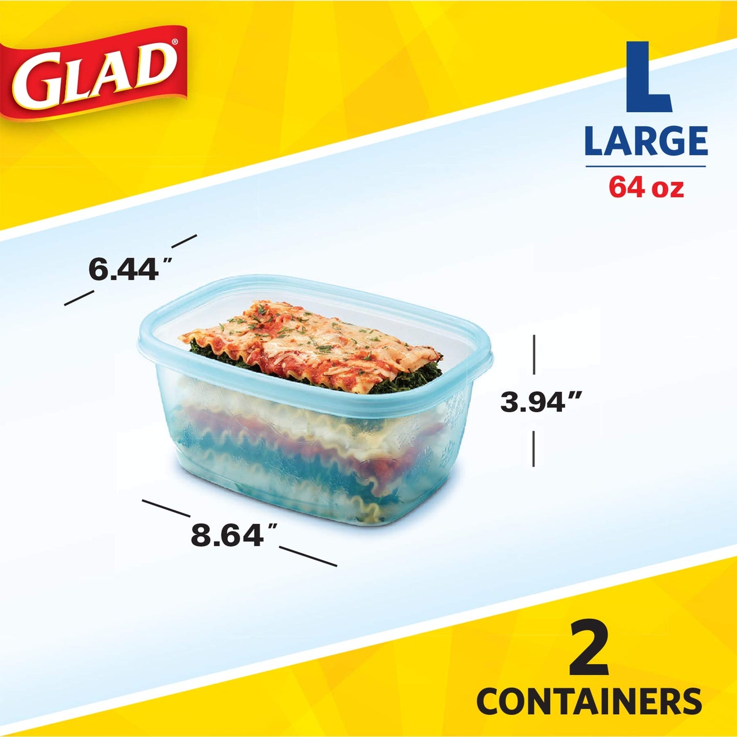 Gladware Freezerware Food Storage Containers, Large Rectangle Holds 64 Ounces of Food, 2 Count Set | Tupperware, Plastic Food Container, Meal Prep Container, Plastic Containers with Lids
