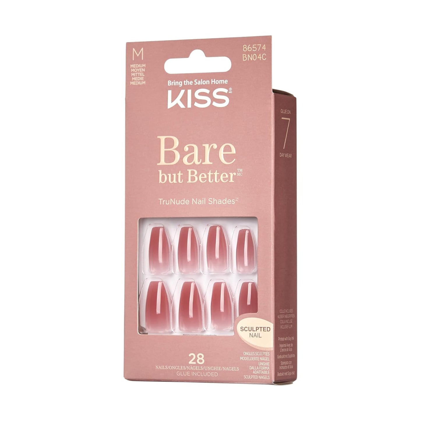 KISS Bare but Better, Press On Nails, Nail glue included, 'Nude Nude', Color, Medium Size, Coffin Shape, Includes 28 Nails, 2g glue, 1 Manicure Stick, 1 Mini File