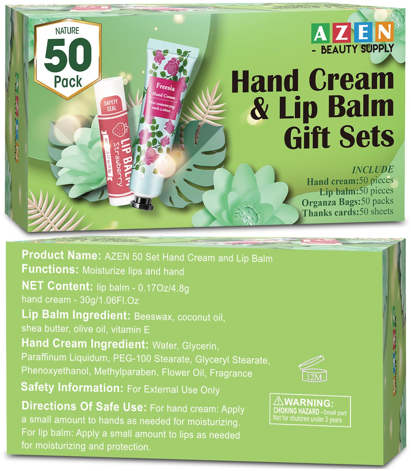 AZEN 50 Sets Bulk Gifts, Hand Cream and Lip Balm Bulk Set with Organza Bag Thank You Card, Baby Shower Wedding Gift for Guests, Bridal Wedding Favors for Guests, Mothers Day Gifts Stocking Stuffers