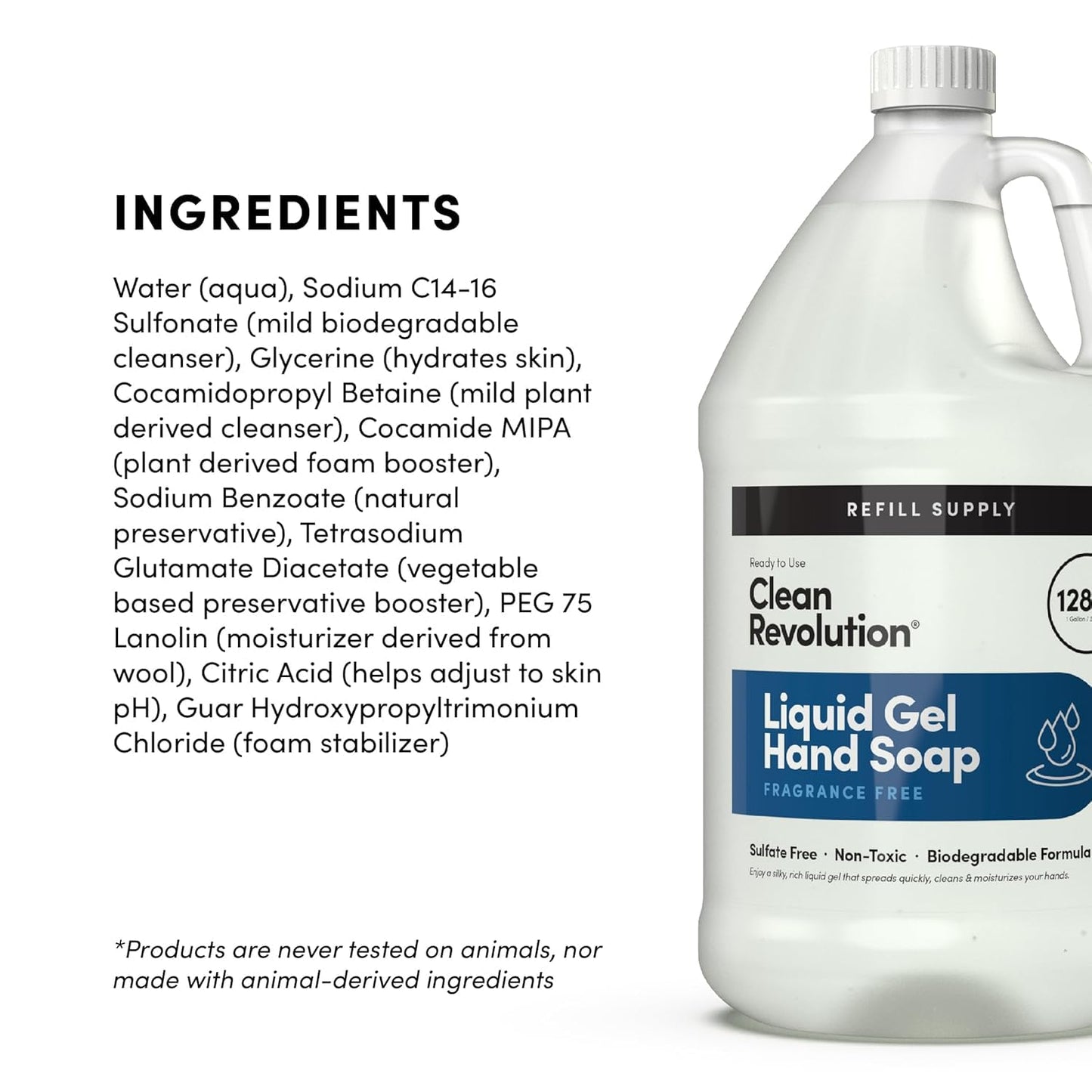 Clean Revolution Fragrance Free Liquid Gel Hand Soap Refill – Sulfate-Free Unscented Gel Hand Wash for Sensitive Skin, Moisturizing Bulk Refill, Non Toxic Formula, Made in the USA, 128 Fl Oz