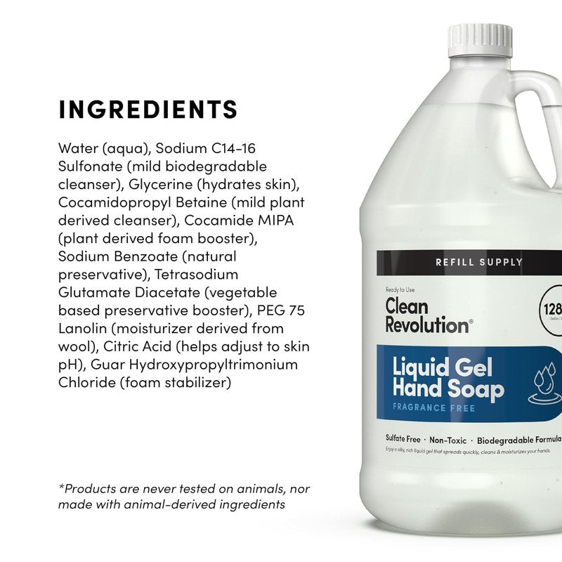 Clean Revolution Fragrance Free Liquid Gel Hand Soap Refill – Sulfate-Free Unscented Gel Hand Wash for Sensitive Skin, Moisturizing Bulk Refill, Non Toxic Formula, Made in the USA, 128 Fl Oz