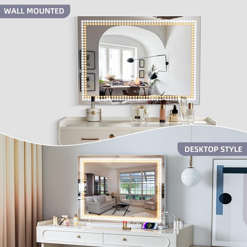 Vanity Mirror with Lights Tempered Glass 22.8" x 18.1" Lighted Makeup Mirror with Light Strip Crushed Crystal 3 Colors Modes Dimmable Lights USB Port and 10X Magnification, White (9.84" x11.81")