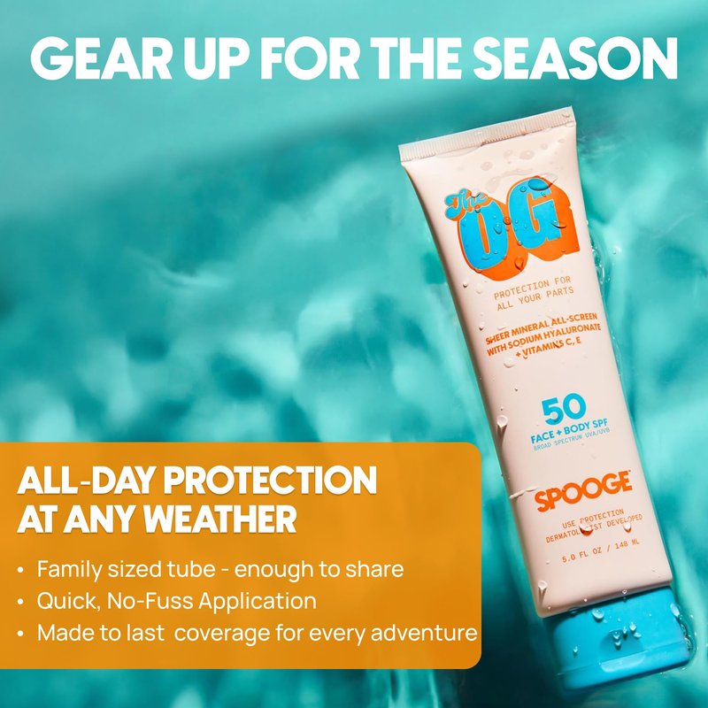Spooge The OG | Mineral Sunscreen SPF 50 | Zinc Oxide Sunblock | Non Toxic Sunscreen For Face & Body | Dermatologist Developed Formula | Aloe & Vitamins C, E | Reef Safe Sunblock | 5oz