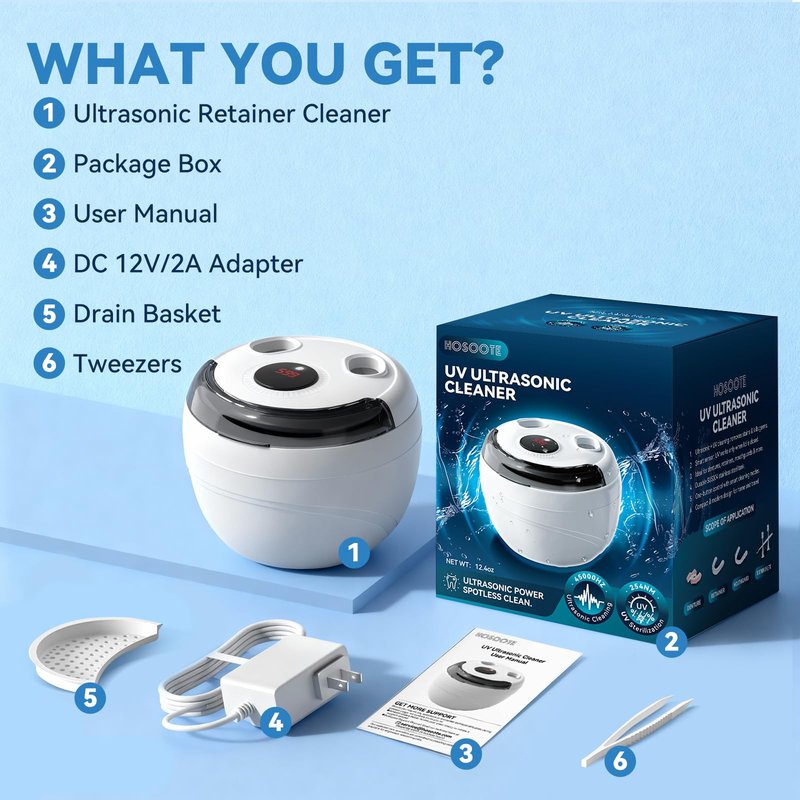 Hosoote Ultrasonic Retainer Cleaner Machine - 45kHz dental pod ultrasonic cleaner for retainers, Denture, Mouth Guard, Aligner, Braces - Denture cleaner machine with 4 Modes & Digital Timer