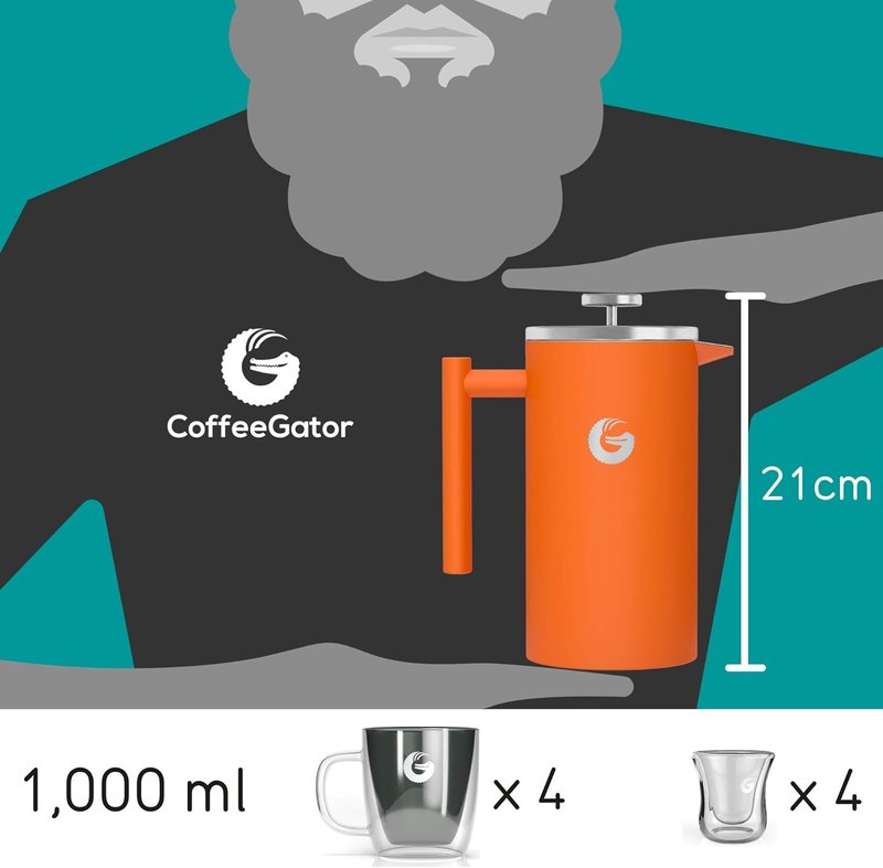 Coffee Gator French Press Coffee Maker - 34oz Double Insulated Stainless Steel Brewer | Portable Hot & Cold Brew, Orange