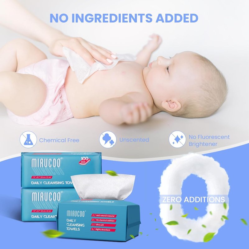 Ultra Soft Daily Cleansing Towels - 100% Organic Viscose | 100 Sheets, Disposable Facial Washcloths for Sensitive Skin