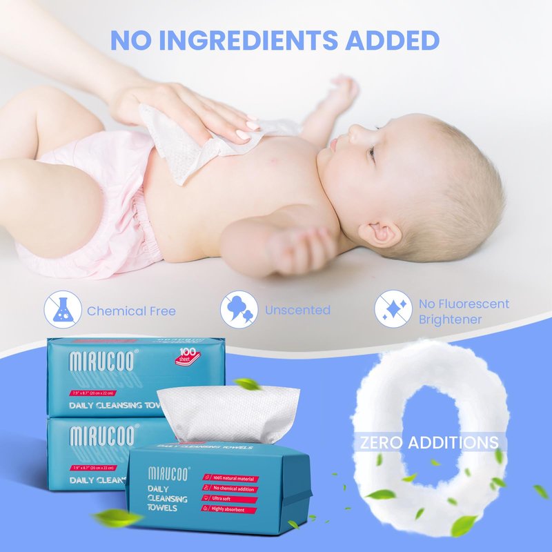 Mirucoo 100 Sheet Daily Cleansing Towels Ultra Soft Dry Wipes for Sensitive Skin Disposable Facial Washcloths 100% Organic Viscose (Pack of 3)