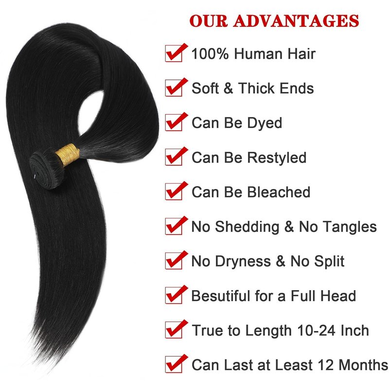 NROOEAY Straight Bundles Human Hair 20 inch 100% Unprocessed Brazilian Straight Hair Bundles 12A Remy Virgin Retain the Intact Cuticle, Long Lifespan