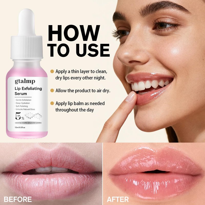 gtalmp PHA 5% Exfoliating Lip Serum - Gentle Overnight Treatment for Dry, Flaky Lips, Hydrating Lip Exfoliator & Primer for Smoother, Softer & Plump-Looking Lips (1)