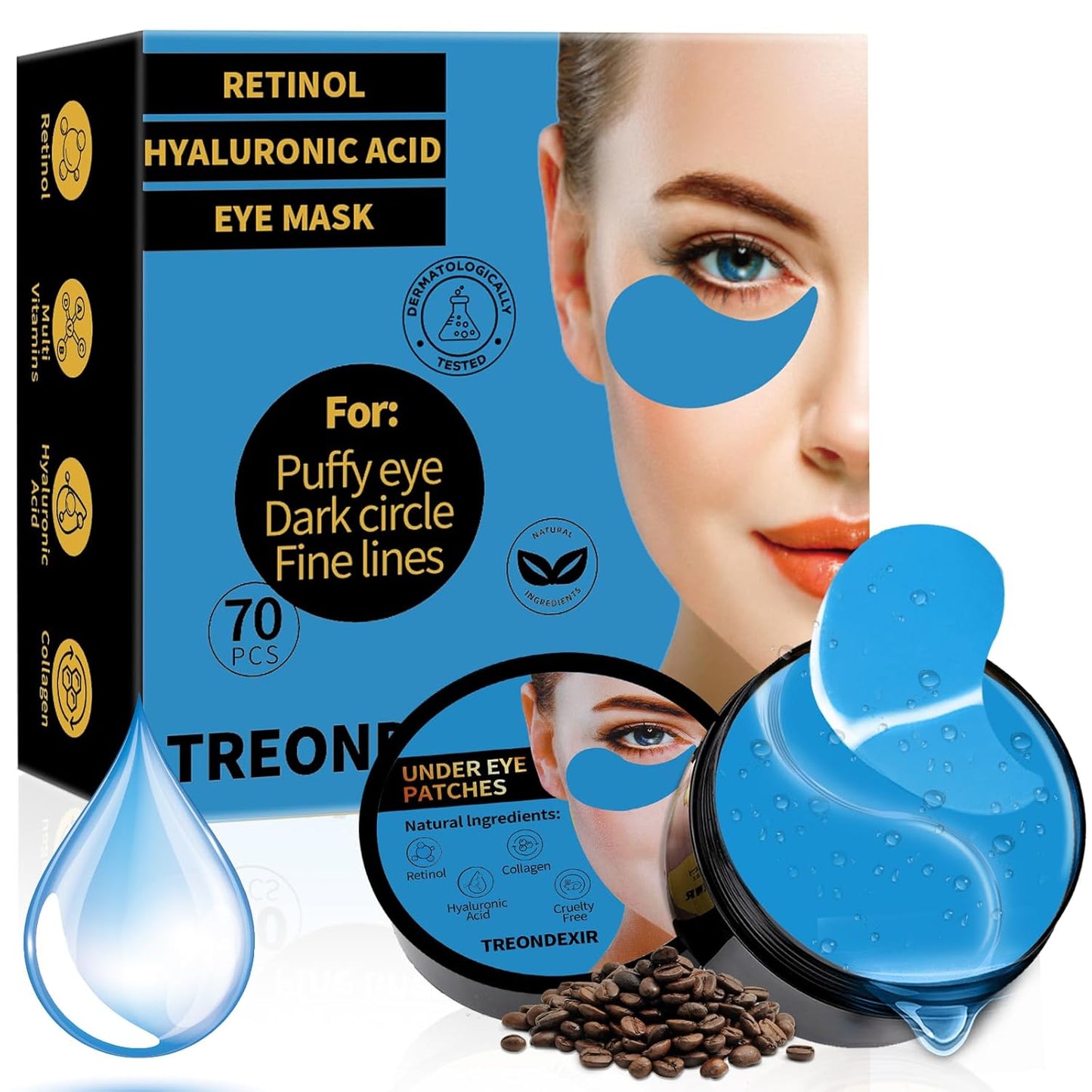 24K Gold Eye Masks for Dark Circles and Puffiness 70PCS, Under Eye Patches Gel Pads for Puffy Eyes Treatment w/Collagen, Caffeine, Peptides for Eye Bags Treatment, Gel Eye Mask Skincare