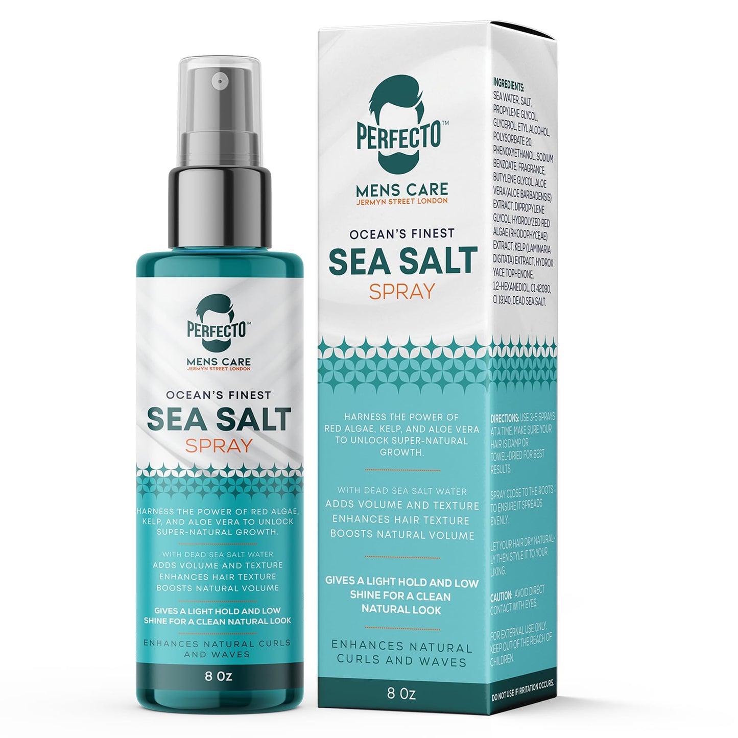 Perfecto Sea Salt Spray for Men – Hair Texturizing Spray with Kelp, Aloe Vera & Red Algae | Adds Volume, Texture & Beach Waves | Natural Light Hold | For Men & Women | 8 fl oz