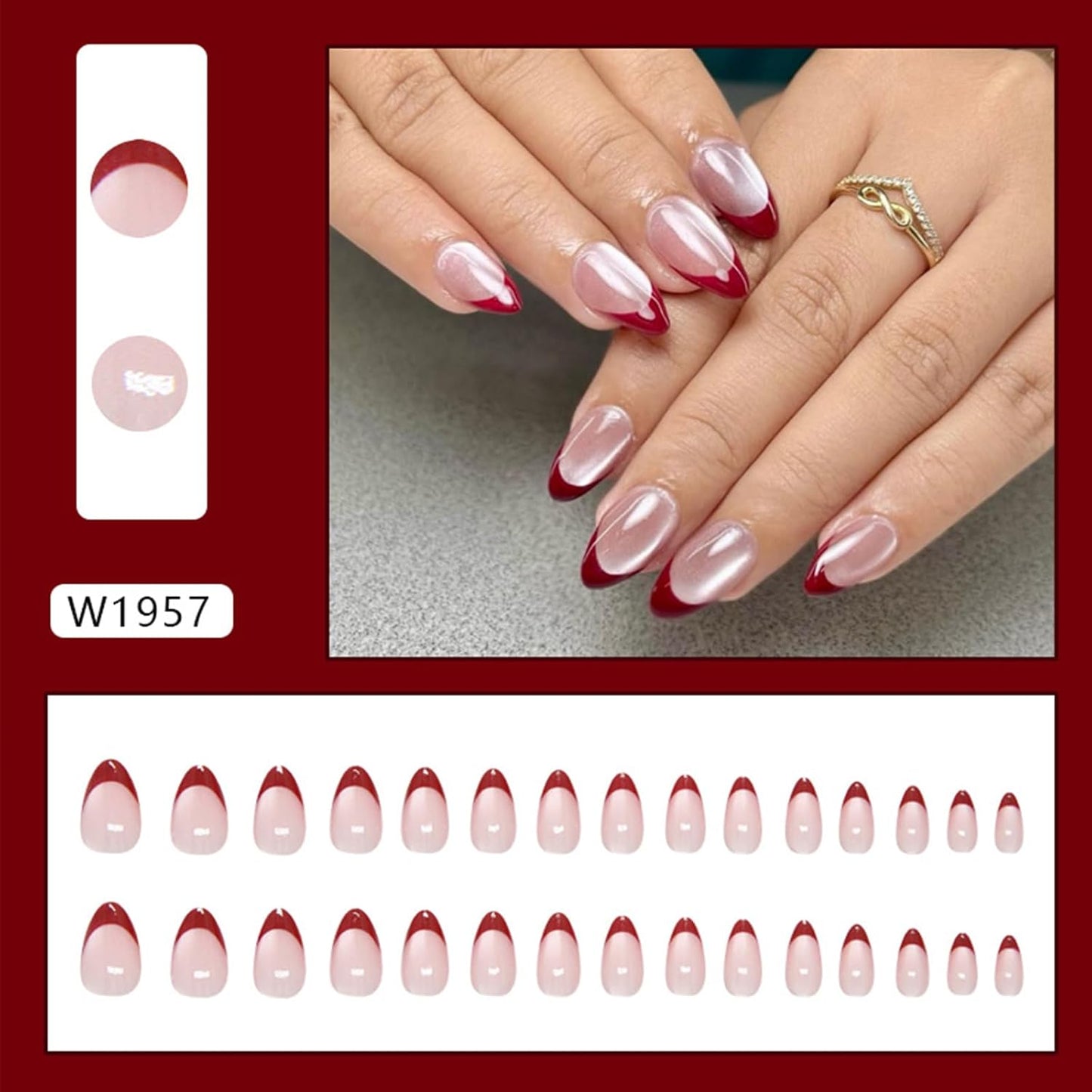 French Tip Almond Press-On Nails with Gold Bow | Reusable Glossy Acrylic False Nails for Women