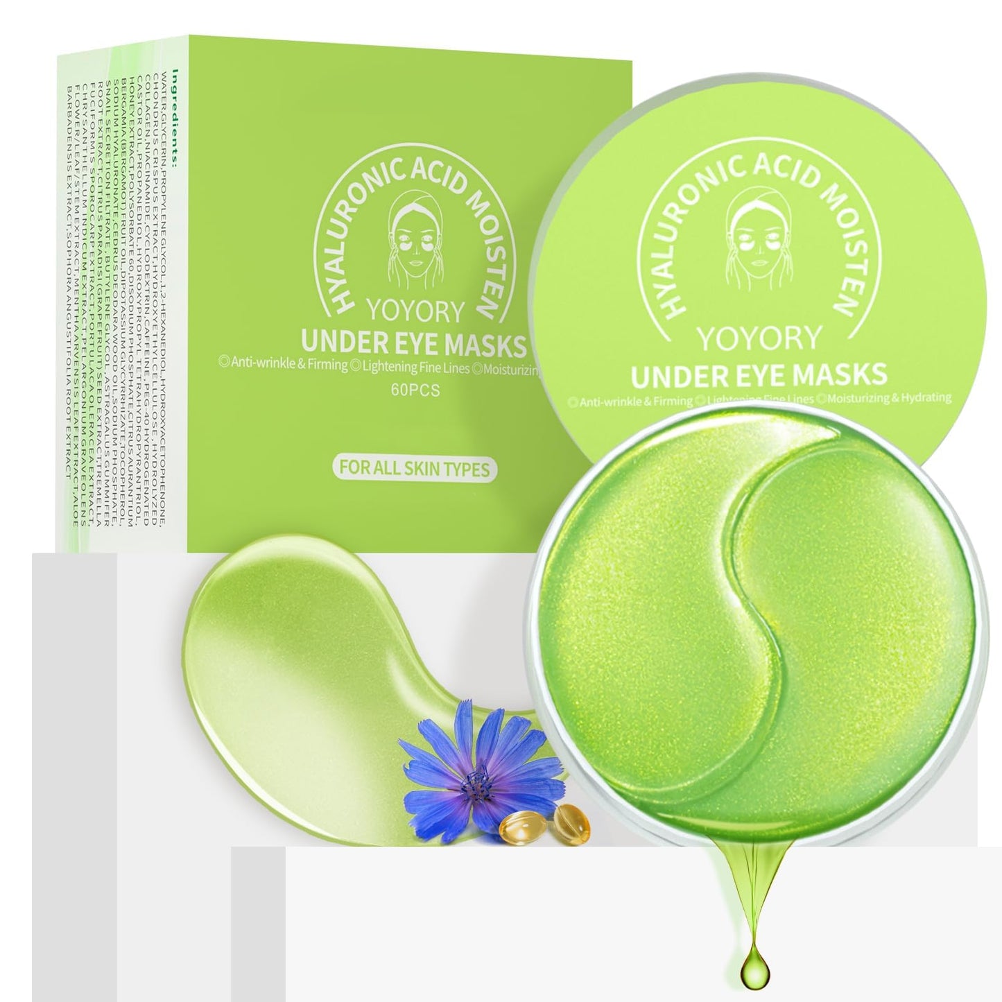 YOYORY Under Eye Patches Masks - for Fine Lines with Collagen and Hyaluronic Acid, Dark Circles,and Fade Wrinkles, puffiness Smoothing Skin Care Treatment for Women and Men, (60 Pcs) Green