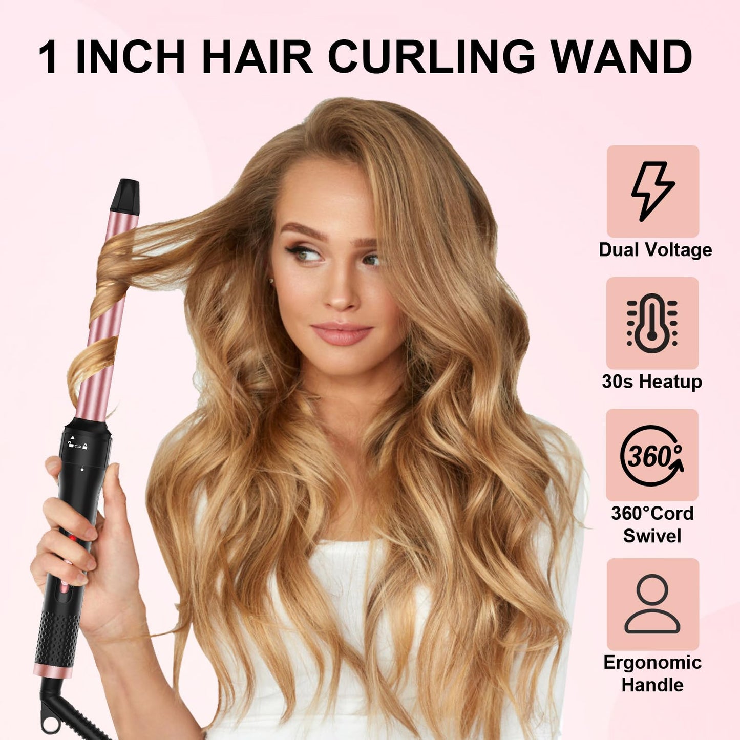 Vnina Curling Iron 1 Inch, Professional Long Barrel Hair Curling Wand with 2 Heat Settings, Ceramic Coating Barrel Curler Wand for All Hair Types, Include Heat Protective Glove & 2 Clips