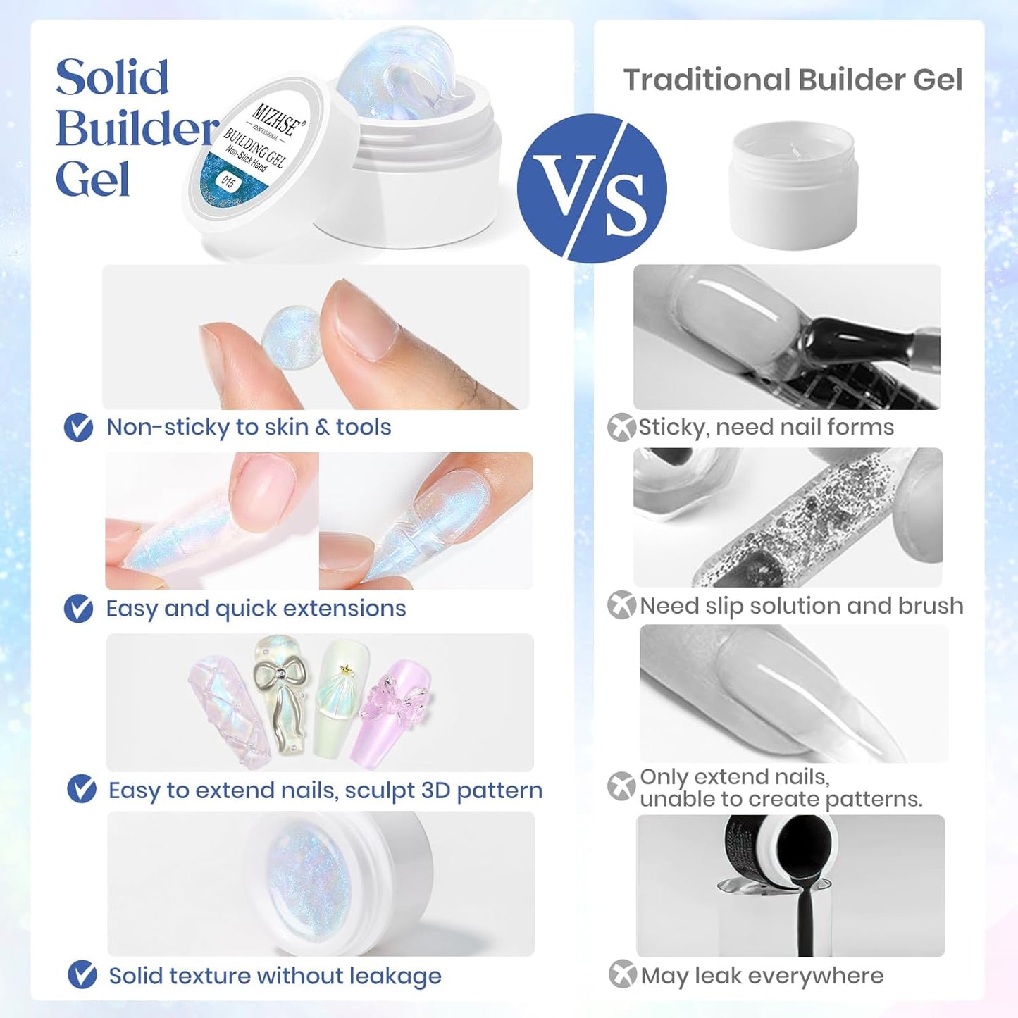 MIZHSE Solid Builder Gel for Nails, Clear Non-Sticky Sculpting Gel, 3D Nail Art Carving Building Modeling Hard Nail Extension Soak Off UV/LED Nail Art Salon Home DIY 15g