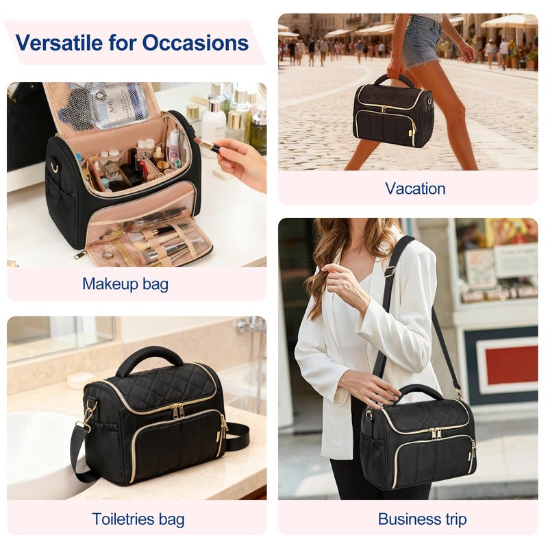 GR69N Travel Makeup Bag Large Capacity Cosmetic Organizer Bag for Women,Flat-Opening Make Up Case Travel Bag Waterproof Toiletry Bag for traveling,Toiletries,Essentials,Accessories,Black