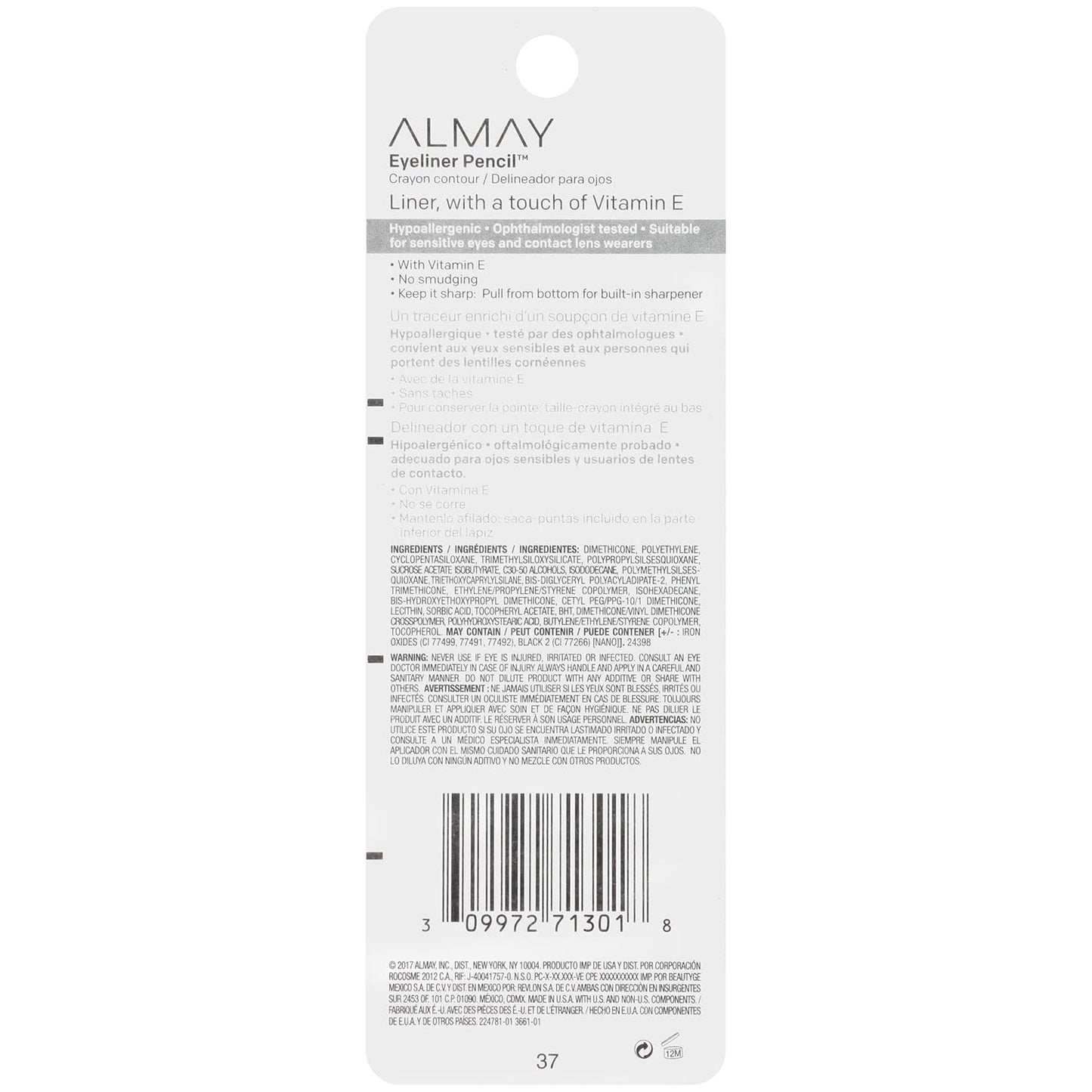 Almay All-Day Eyeliner Pencil, Hypoallergenic, Cruelty-Free, Smudge-Proof, Ophthalmologist Tested, Long Wearing and Water Resistant, 209 Black Raisin, 0.01 oz