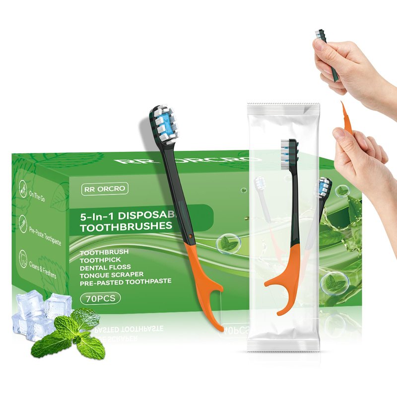 70Pack Disposable Toothbrushes with Toothpaste + Pick + Floss + Tongue Scraper 5-in-4 Mini Prepasted Travel Toothbrush for Hotel Camping Flight Car Single Use Portable Individually Wrapped | Mint