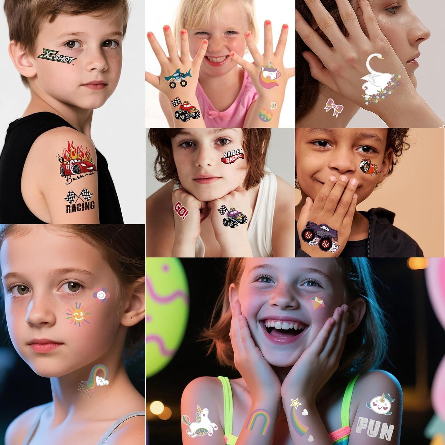 Waterproof Temporary Tattoos - 118pcs Groovy Fake Tattoo for Kids Birthday Party Supplies, Star Unicorn Smiley Rainbow Flower Candy Crown Arts and Crafts for Boys or Girls 6 7 8 9 10 11 12 years old