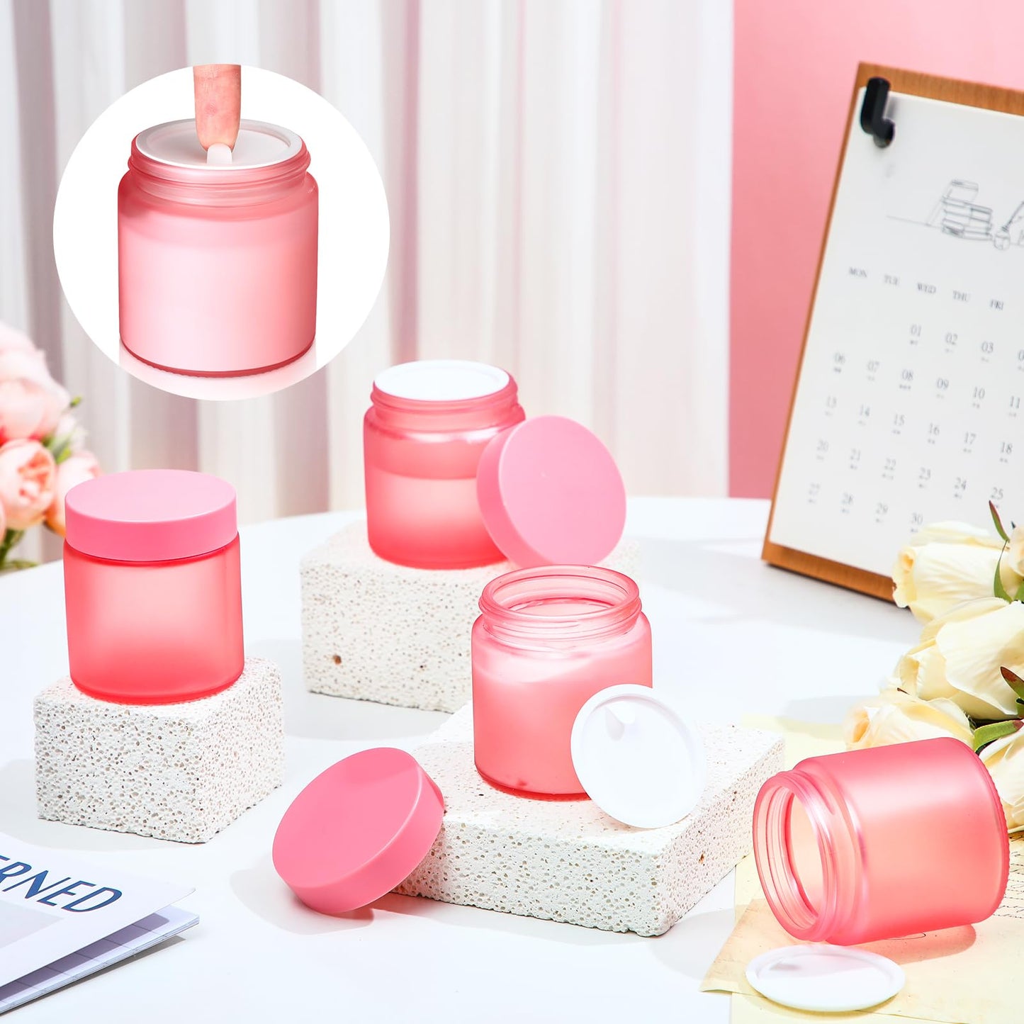 Norme 24 Pcs 4 oz Glass Jars with Lids Leakproof Round Airtight Empty Cosmetic Jars with Inner Liners Lid for Storing Lotions Powder Ointments Making Tins(Pink)