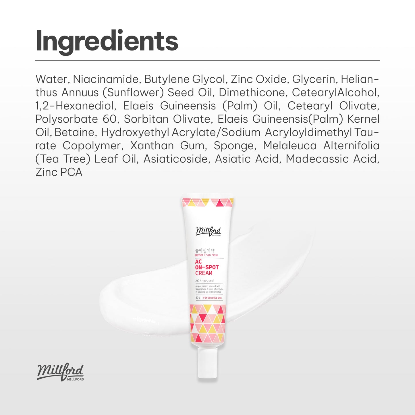 Millford AC On-Spot Cream 30g/1.05 Oz, Zinc Oxide 10%, Niacinamide 2% for Active Skin Repair, Acne Spot Treatment for Face, Blemish Care, Dark Spot, Korean Skincare for Sensitive & Acne-Prone Skin
