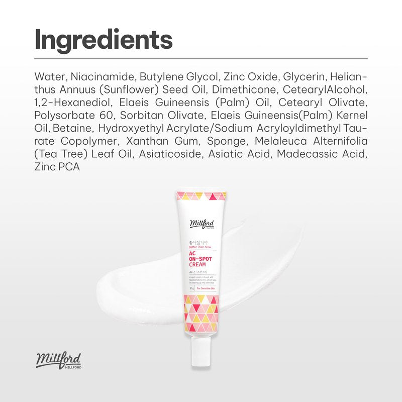 Millford AC On-Spot Cream 30g/1.05 Oz, Zinc Oxide 10%, Niacinamide 2% for Active Skin Repair, Acne Spot Treatment for Face, Blemish Care, Dark Spot, Korean Skincare for Sensitive & Acne-Prone Skin
