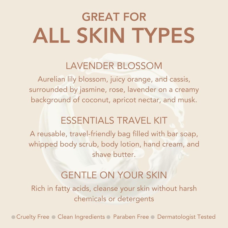 Dionis Goat Milk Lavender Blossom Hand Cream, Body Lotion, Whipped Body Scrub, Shave Butter, Bar Soap 6 oz & Carrying Case 6-Piece Travel Set