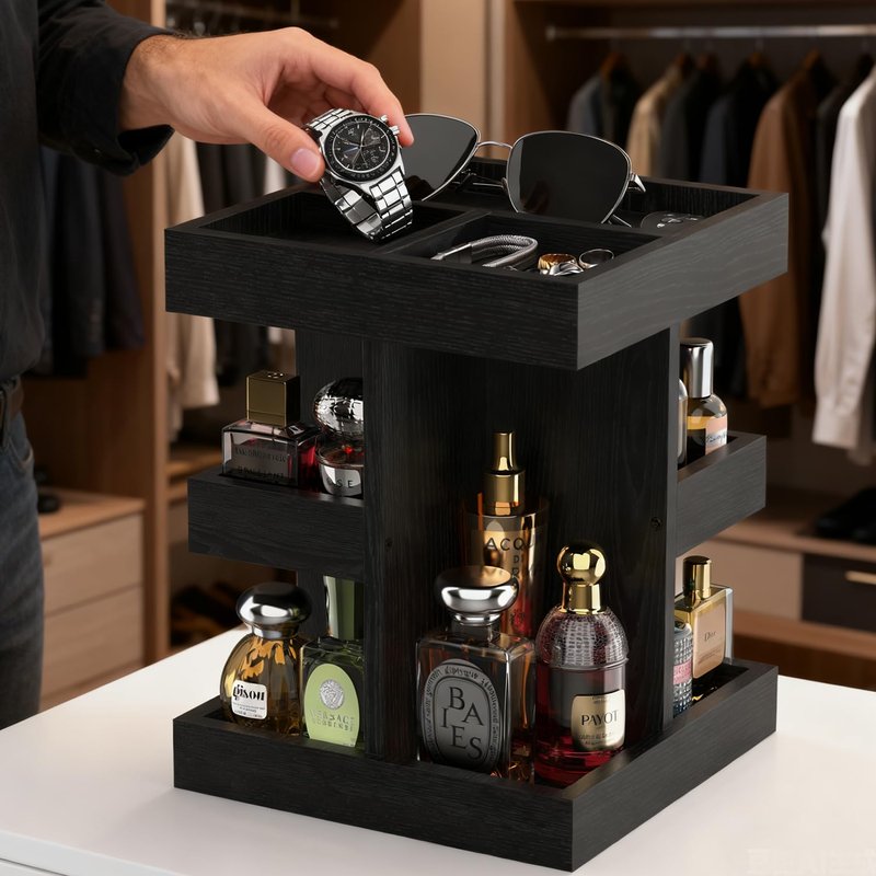 VLXXOI Cologne Organizer for Men Rotating Bathroom Counter Organizer, 3-Tier Solid Wood Storage Caddy, 360-Degree Rotating Stand, Burlywood (Black)