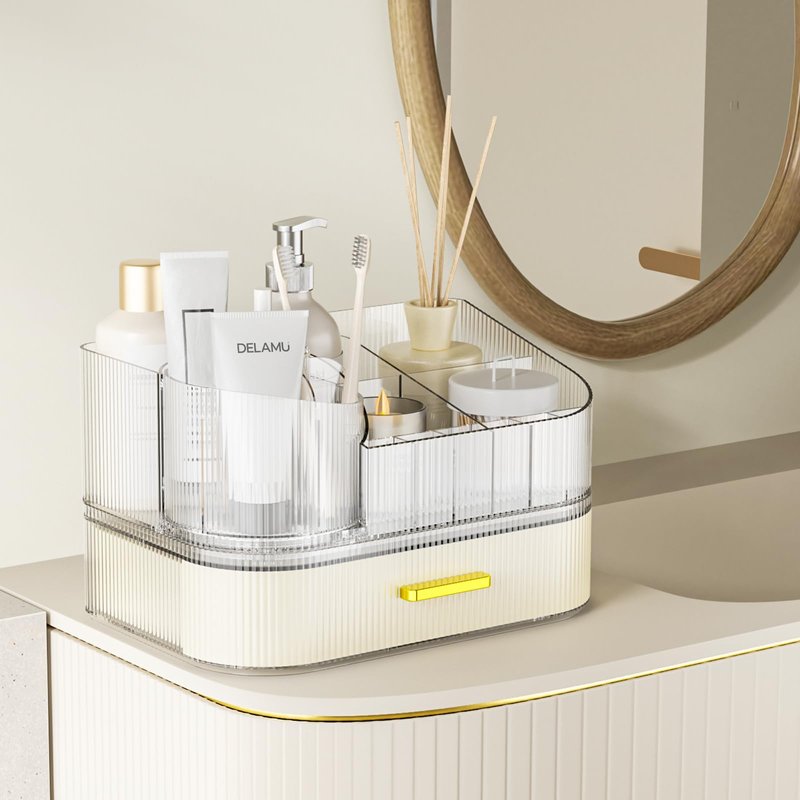 Delamu Makeup Organizer for Vanity with Stackable Drawer, 360 Rotating Makeup Brush Holder, Large Cosmetic Organizer with Tiered Storage for Skincare, Lipstick, Eyeshadow Brushes, Perfume, White