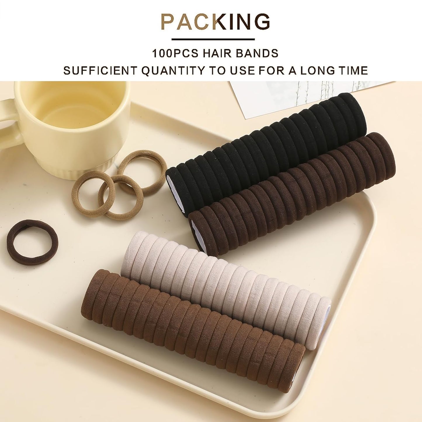 100PCS Black Hair Ties for Women, No Crease No Damage, Seamless Cotton Bands for Thick Thin Hair, Soft Ponytail Holders, Accessories for Girls