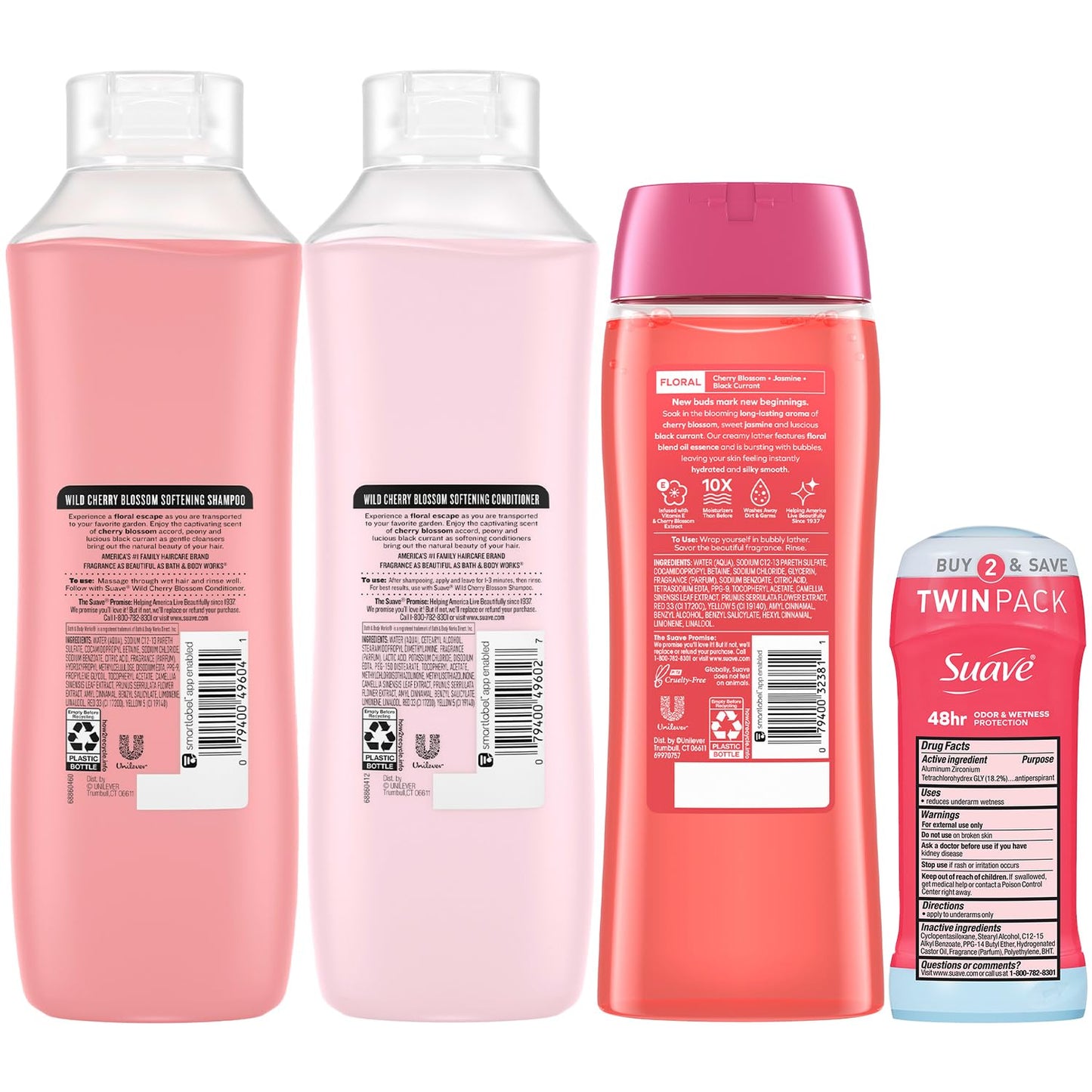 Suave Shampoo, Conditioner & Body Wash 2-Pack + Invisible Solid Antiperspirant Deodorant for Women, Wild Cherry Blossom, 48H Protection