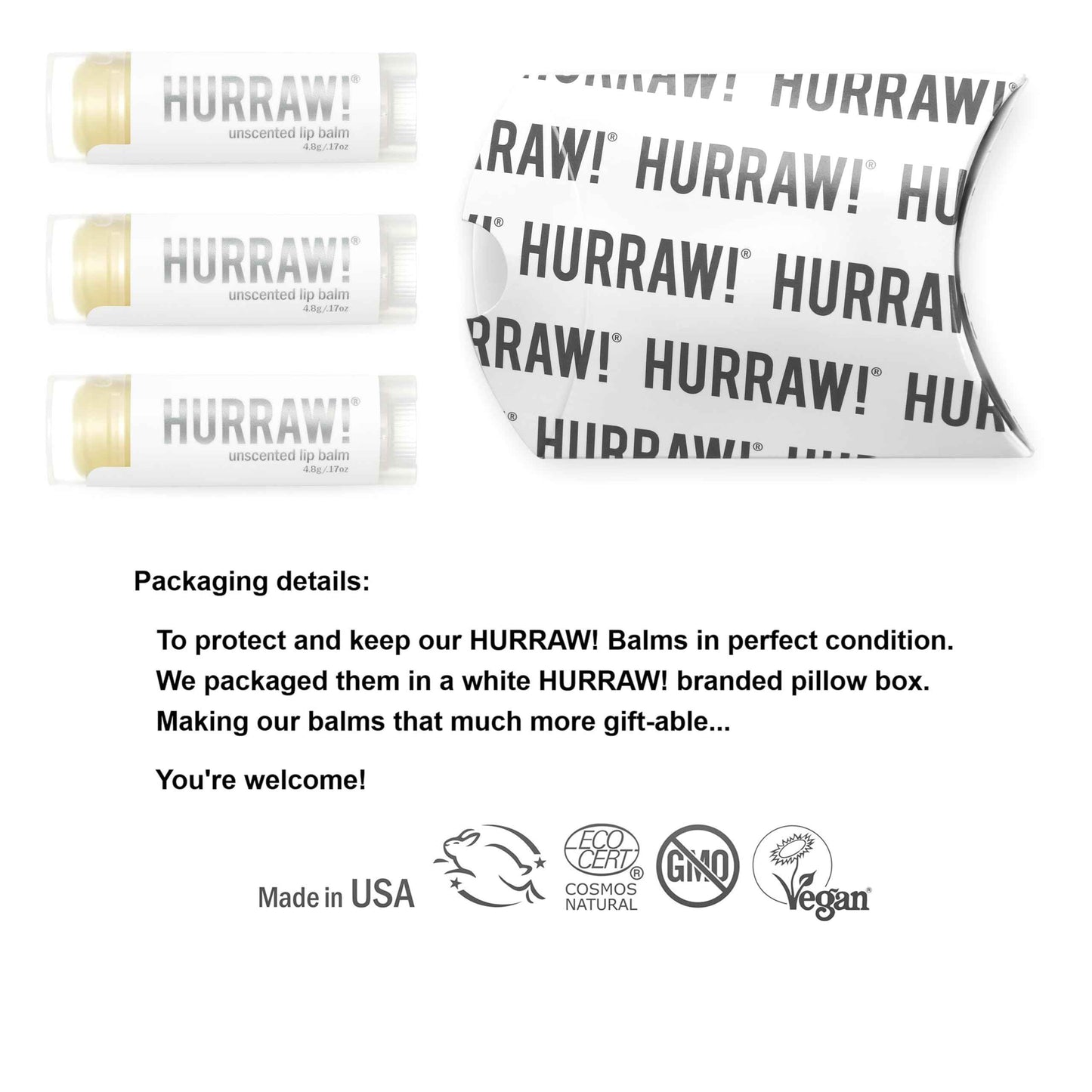 Hurraw! Unscented Lip Balm, 3 Pack: Organic, Certified Vegan, Cruelty and Gluten Free. Non-GMO, 100% Natural Ingredients. Bee, Shea, Soy and Palm Free. Made in USA
