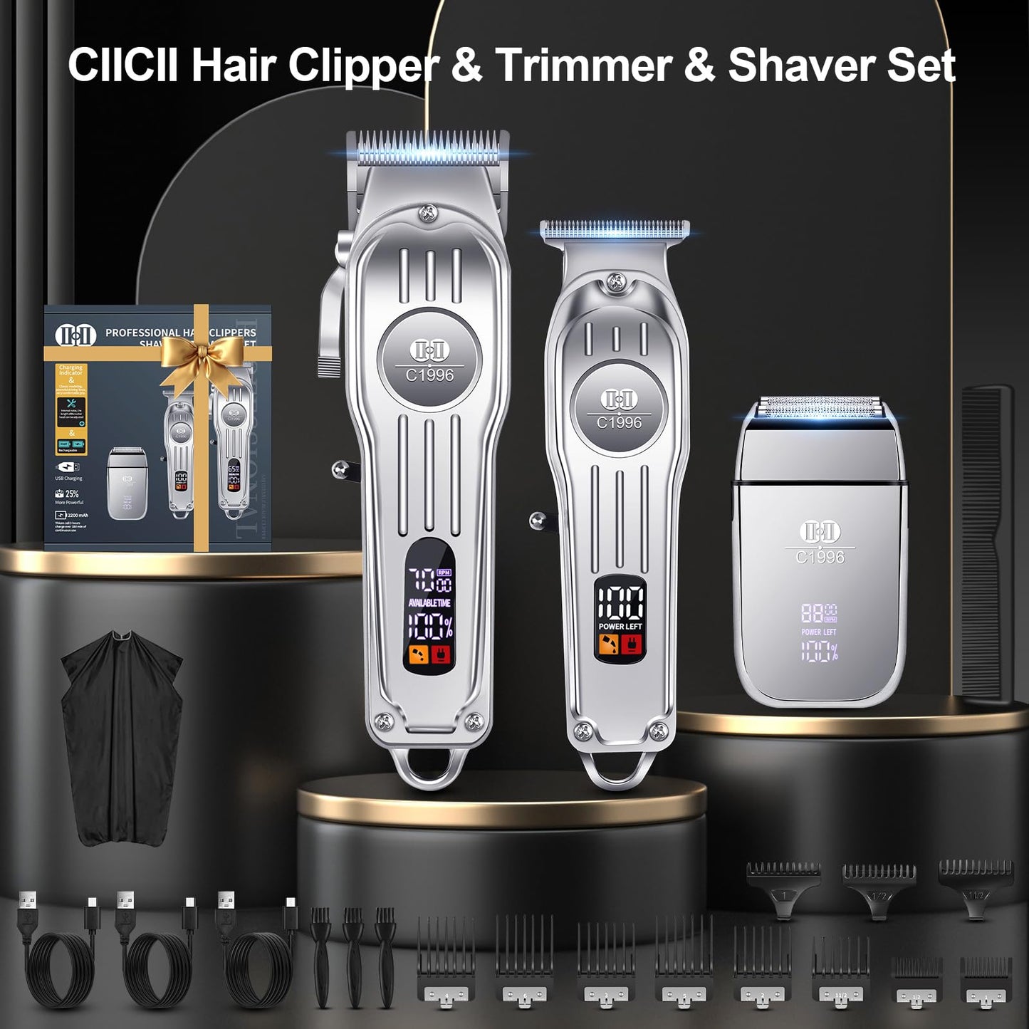 CIICII Hair Clippers for Men Professional, Cordless Barber Clippers for Hair Cutting (12Pcs Rechargeable USB Adjustable LCD Display Hair Beard Grooming Trimming Haircut Kit) for DIY Home Barber Salon