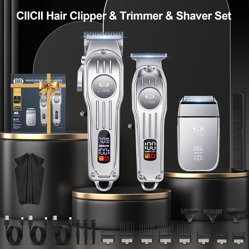 CIICII Hair Clippers for Men Professional, Cordless Barber Clippers for Hair Cutting (12Pcs Rechargeable USB Adjustable LCD Display Hair Beard Grooming Trimming Haircut Kit) for DIY Home Barber Salon