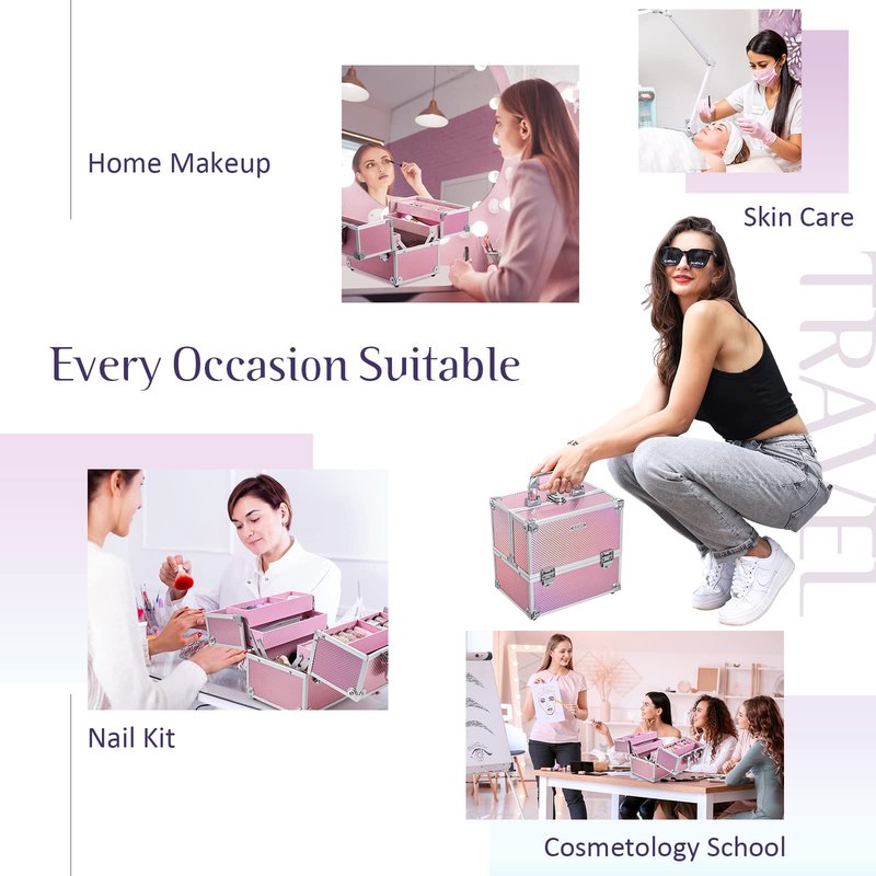 Frenessa Makeup Case Makeup Box Cosmetic Organizer Case Portable Make Up Artist Travel Case Storage Box 4 Trays with Dividers Lockable Hard Train Case Nail Tech Supply Storage Mermaid Pink