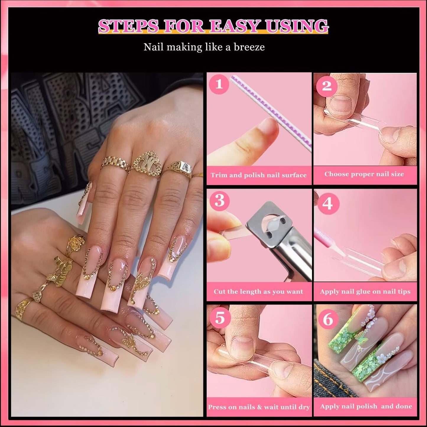 500 Pcs Square Nail Tips, AITRAI Long Nail Tips for Acrylic Nails Professional False Clear Acrylic Nail Kit with Glue, Adhesive Tabs Nail Clipper Files for Art DIY
