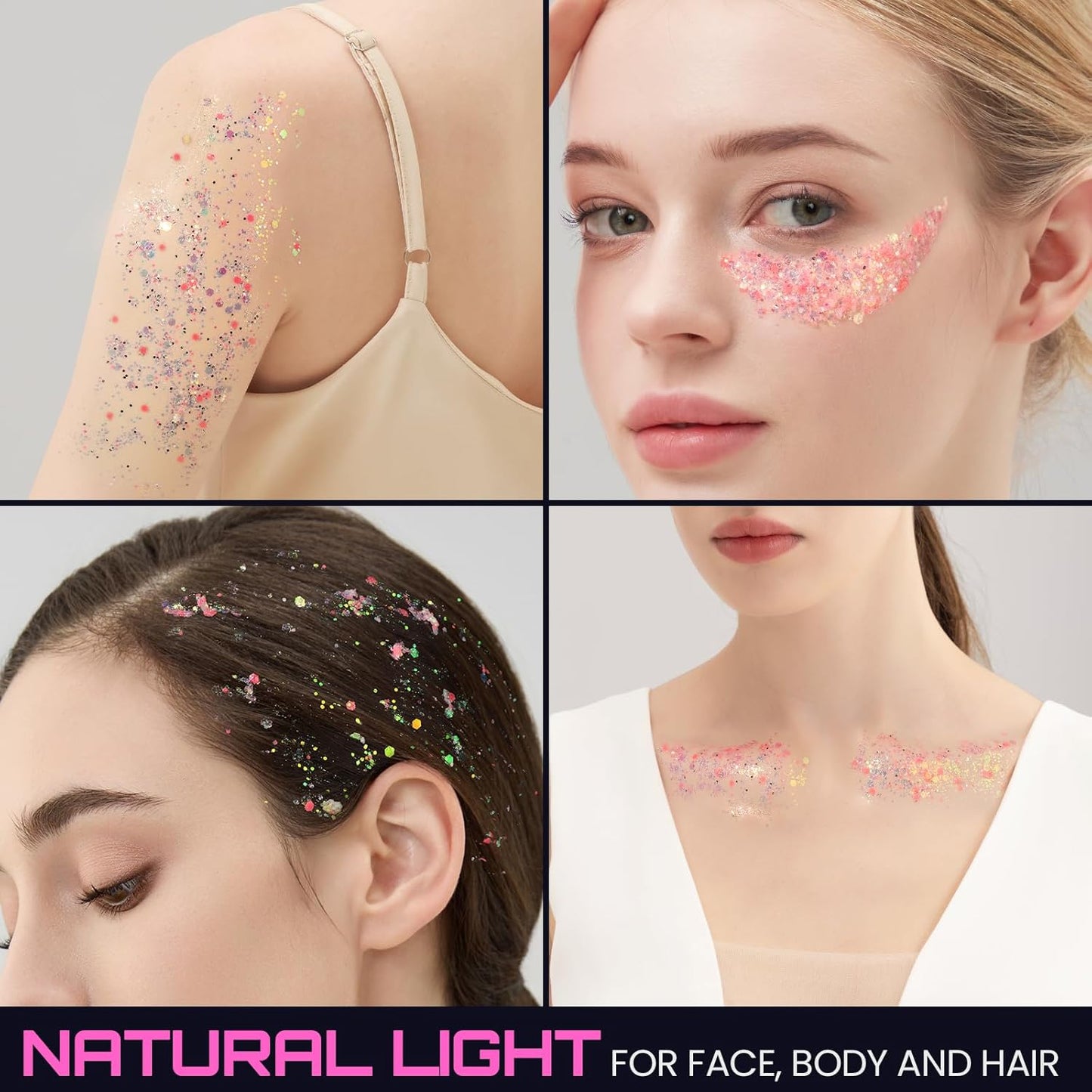 Teenitor 6 Colors Glow in The Dark Glitter Gel, Face Glitter Gel, Body Glitter Hair Glitter for Halloween Makeup UV Black Light Party Cheer Raves Festivals