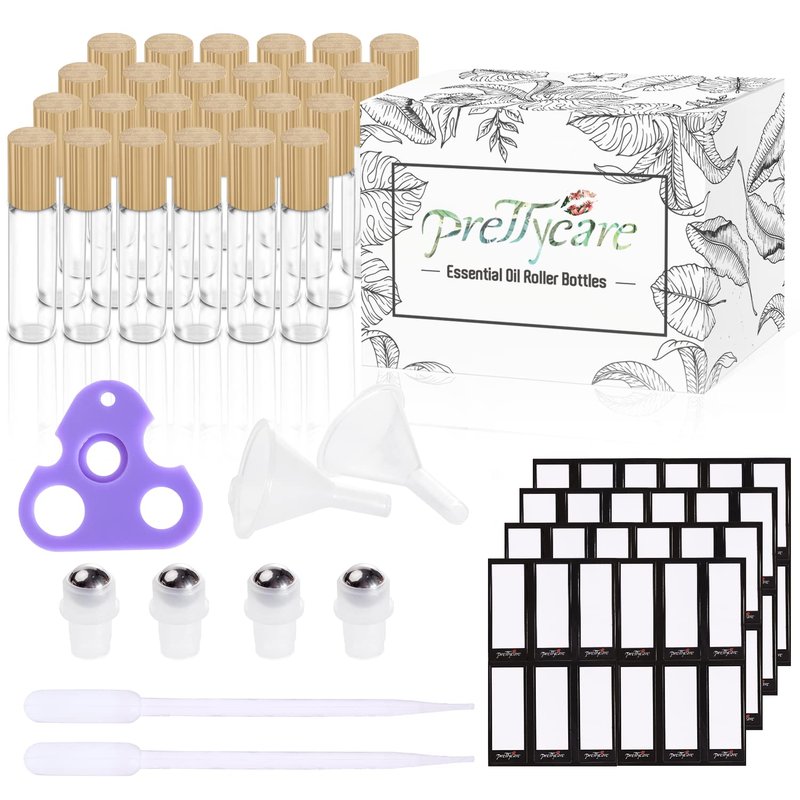 Essential Oil Roller Bottles - 10ml Clear Glass with Bamboo Lid | 24 Pack, Extra Accessories Included