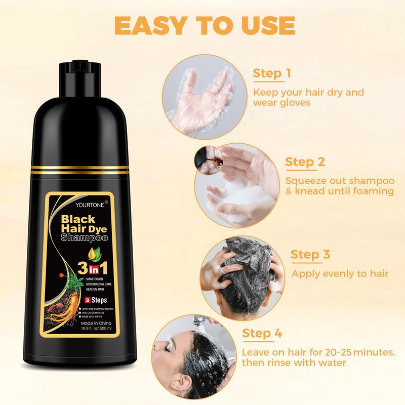 YOURTONE Black Hair Dye Shampoo 3 in 1 for Gray Hair Coverage, Hair Color Shampoo for Women Men, Herbal Ingredients Champu Para Pintar el Cabello (16.9 Oz)