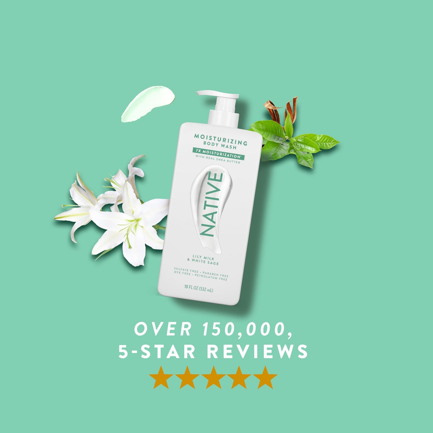 Native Moisturizing Body Wash Contains Naturally Derived Ingredients | For Women & Men, Sulfate, Paraben, & Dye Free Leaving Skin Soft and Hydrated | Lily Milk & White Sage 18 oz