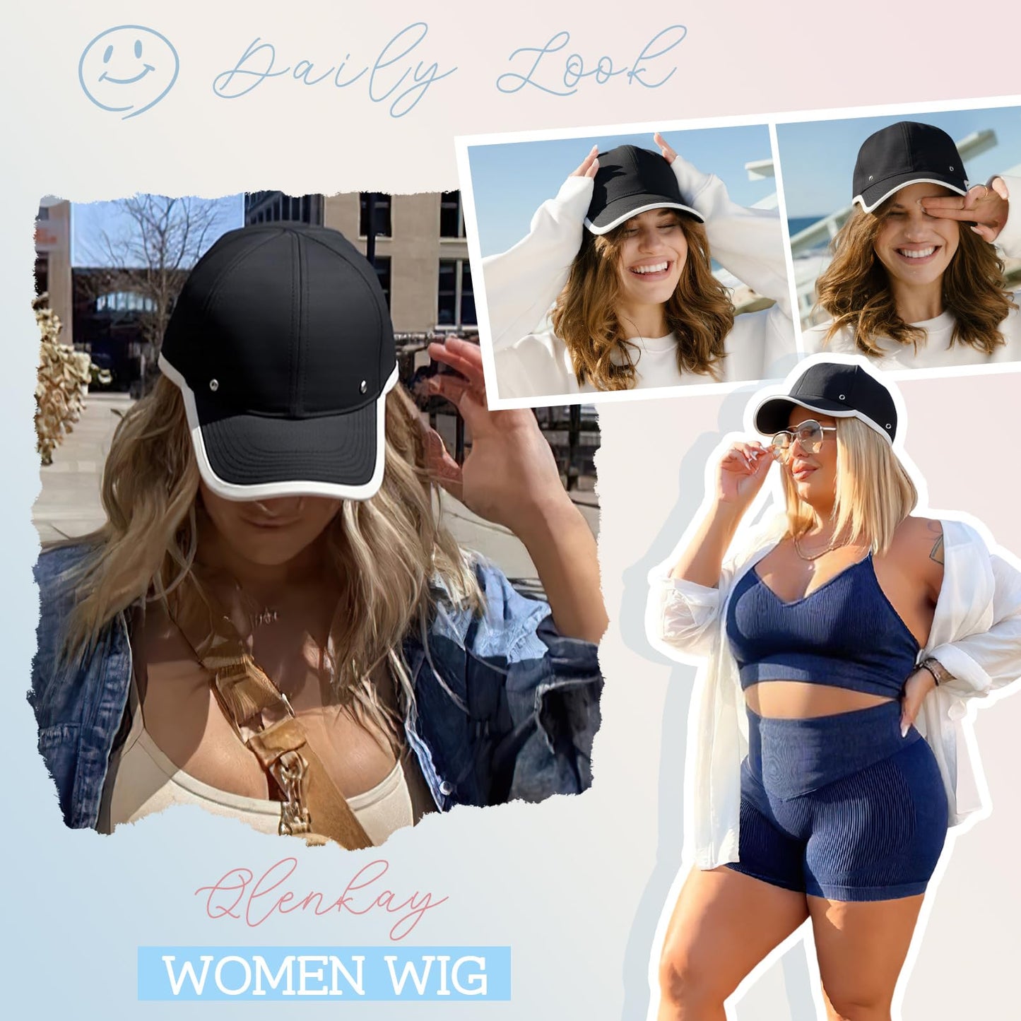 Qlenkay Waterproof Baseball Cap Attached with Curly Wavy Bob Hair Soft Crown Adjustable Quick Dry Hat Wig 14in Short Synthetic Hairpiece for Women Ash Blonde Mix Light Brown
