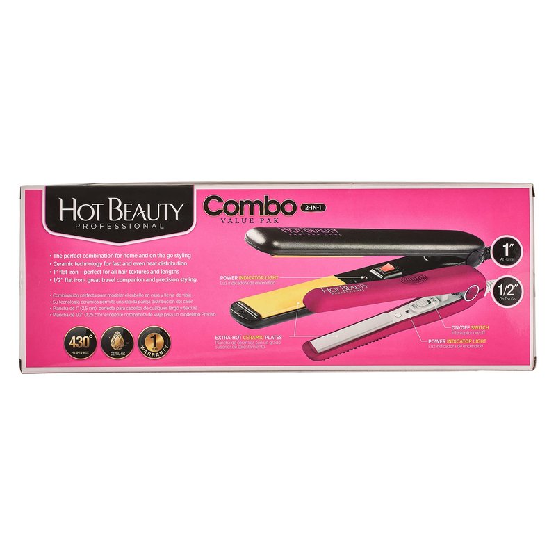 Hot Beauty Ceramic High Heat Level Flat Irons 2-in-1 Value Pack 1" and Mini 1/2" with Free Travel Pouch