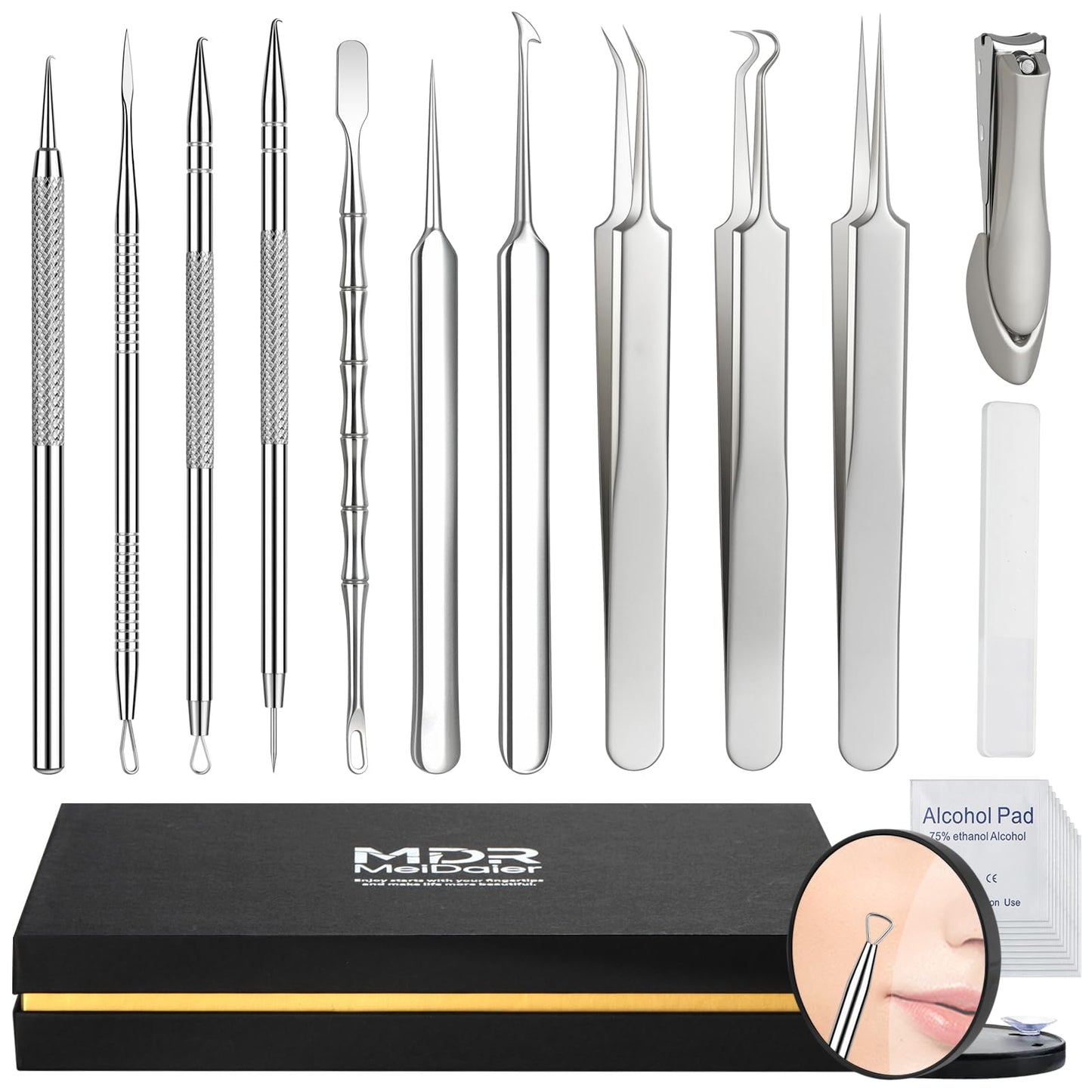12PCS Professional Salon Grade Blackhead Remover Tool Kit, Comedone Extractor Set for Facial Acne Pimple Blemish Whitehead, Comes with 10X Magnifying Mirror & 20 Alcohol Prep Pads