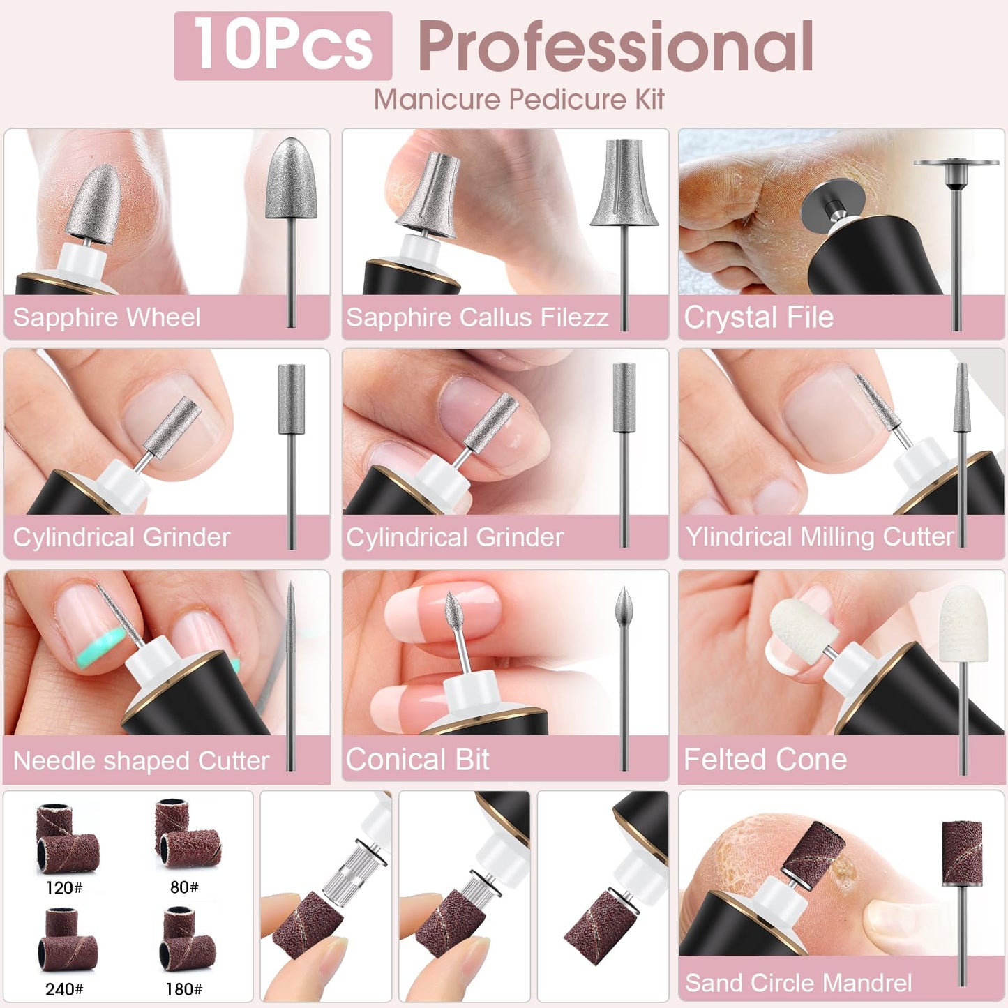Professional Manicure Pedicure Kit with 360° LED Light&10 Speeds&Memory Mode with Case, Cordless Electric Nail Drill, Pedicure Tools for feet,Hand Foot Care Nail File for Thick Nail Toenail Cuticle