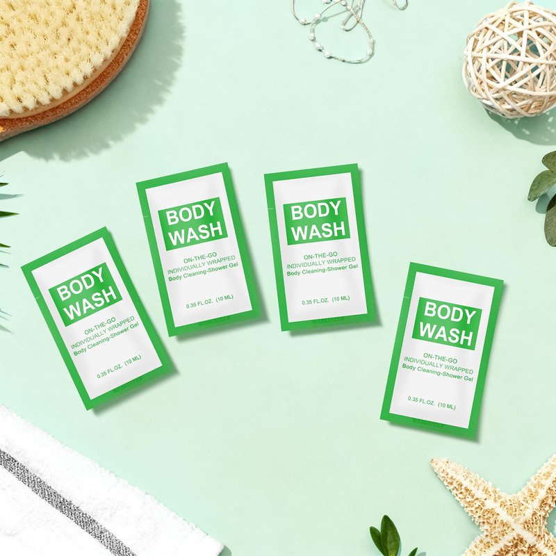 FAOEHN Travel Size Body Wash Packet Bulk Pack of 200,Individually Wrapped 0.35 fl oz(10 ml) Disposable Small Mini Bath Shower Gel Toiletries Supplies for Hotel,Guests,Homeless,Charity,Gym